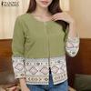 ZANZEA Women Casual Round Neck Long Sleeve Ethnic Print Loose Zipper Blouse
