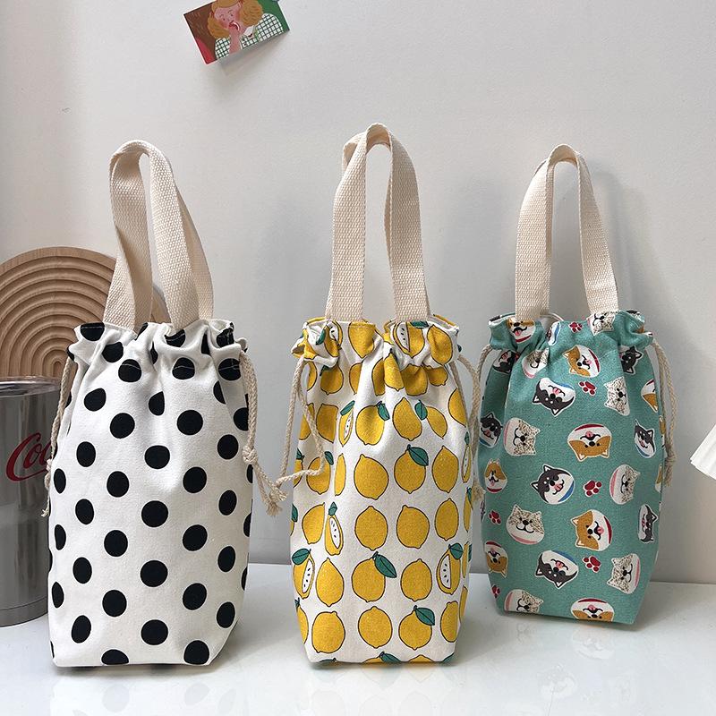 Portable Canvas Insulator Sleeve Bag Case Thermos Pouch Cartoon Pictures Closing Drawstring Storage Bag Vacuum Cup Set