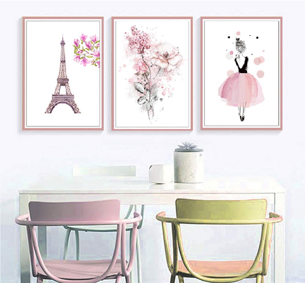 Fuji Player Wall Sticker Pink Flower Eiffel Tower Paris Girl Nordic Interior Poster Wall Decoration M0217