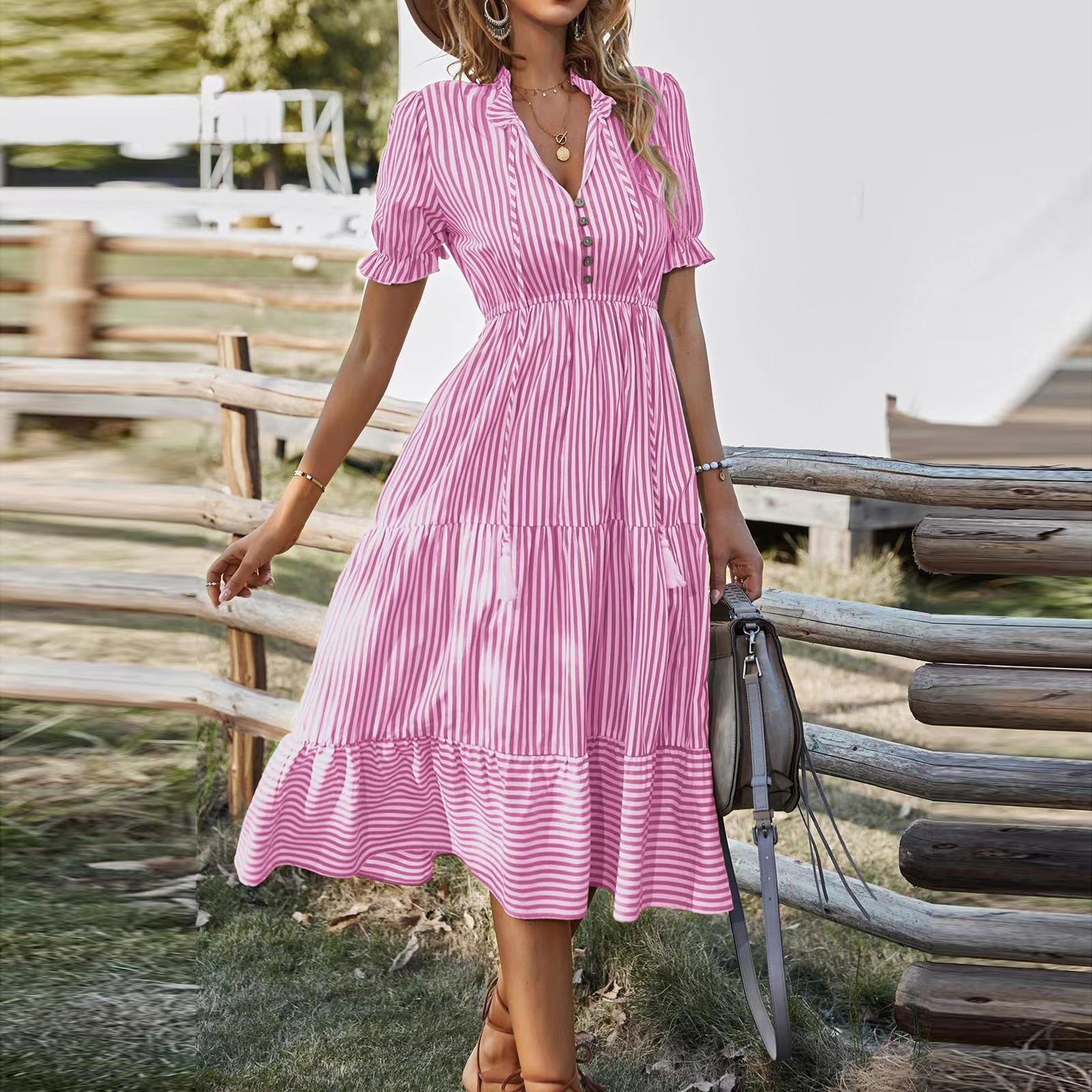 

Нова жіноча літня смугаста сукня з V-подібним вирізом і еластичною талією з короткими рукавами L рожевий