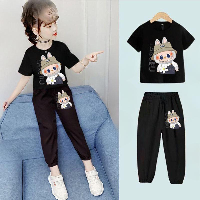

Girls pure cotton short-sleeved T-shirt set, children s labubu fashion two-piece set 150