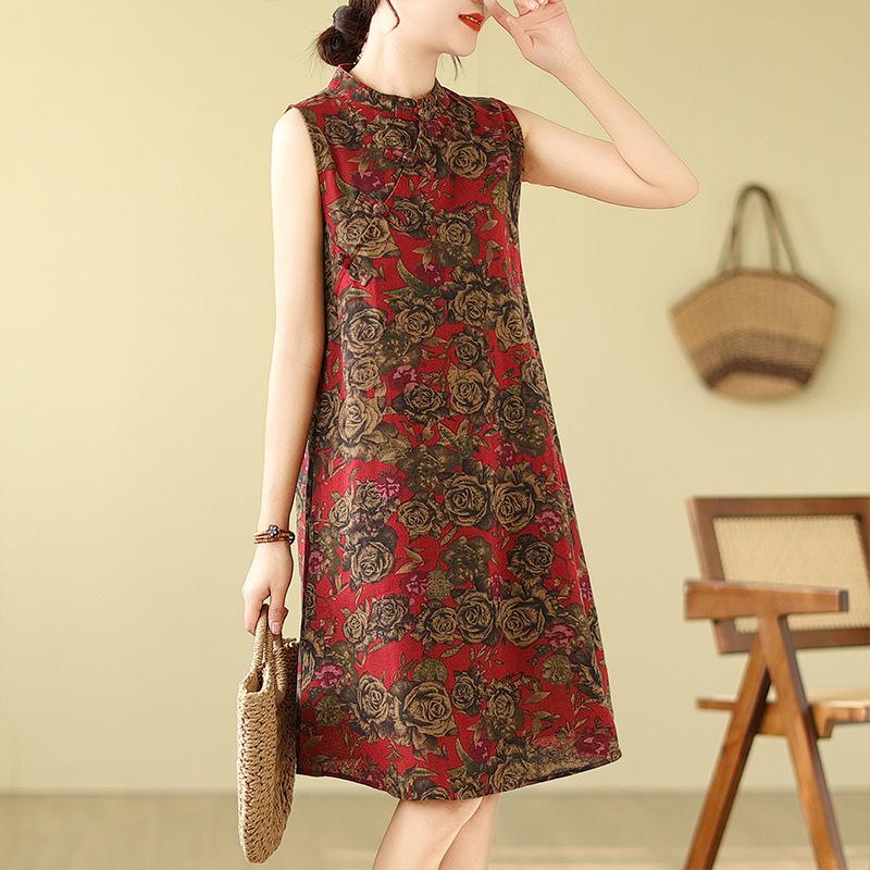 Retro Modified Disc Button Cheongsam Skirt Loose Slimming Sleeveless Printed Dress