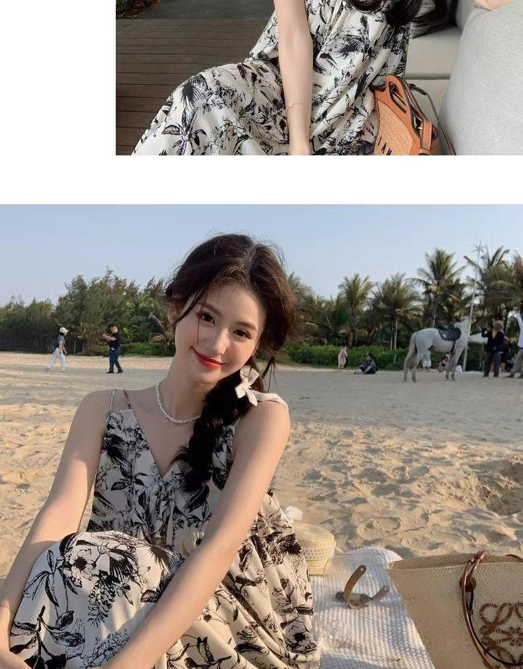 Women's Chinese Floral Ink Wash V-neck Spaghetti Strap Dress - Summer 2025 French Casual Holiday Style