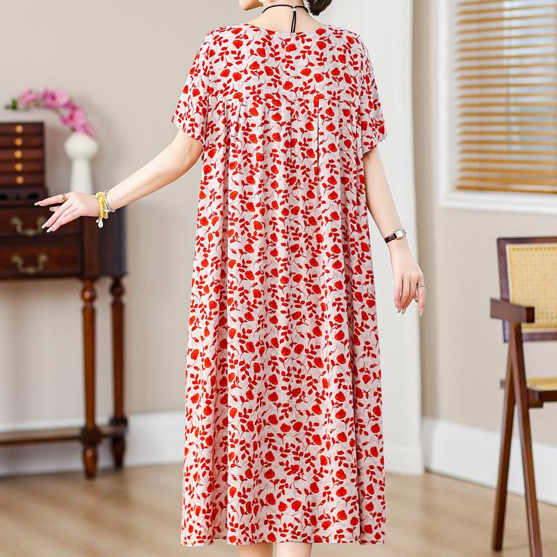 Plus Size Loose Vintage Print Langes Kleid für Damen Lässige Kurzarm-Sommer-Damenkleider
