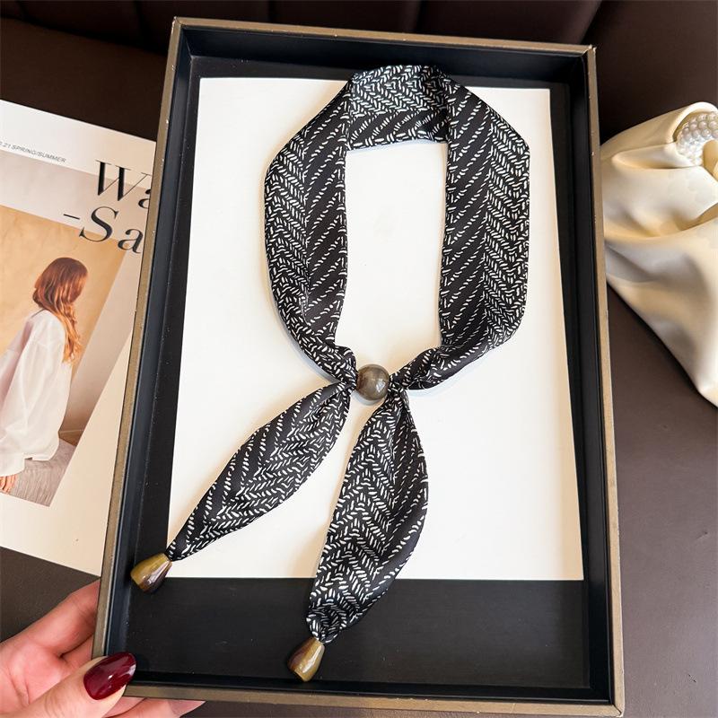 Professional Versatile Simulation Silk Printed Silk Scarf Double-layer Beaded Premium Sense Neck Protection Commuter Strip Decorative Scarf Scarf