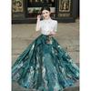 Chinese Style Embroidered Hanfu: Short-Sleeved Top & Gradient Dark Green Horse-Face Skirt Set