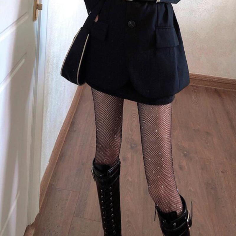 Medias de Rejilla con Diamantes para Mujer Medias Sexy Medias de Nailon Femeninas