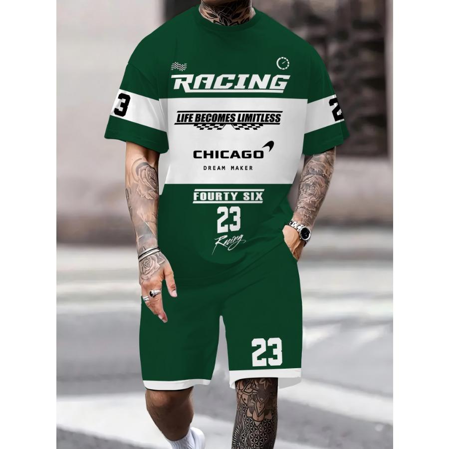 

2025 Лето Новинка Мужская гоночная тематика Клетчатый флаг Узор Буквы 3D Печатная Футболка Круглый вырез Мужской комплект Короткий рукав Шорты Сумма L