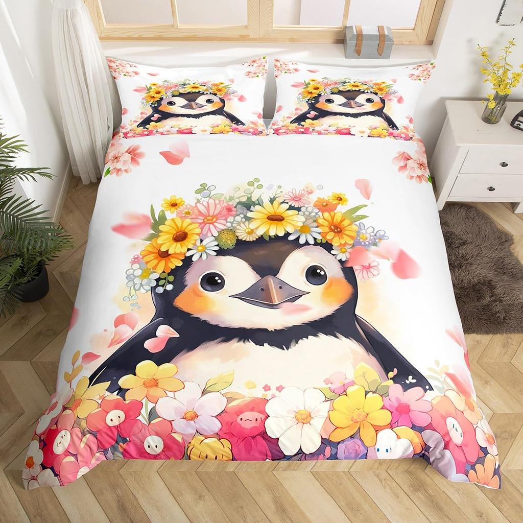 Set Copripiumino con Stampa di Pinguini ad Acquerello Set Biancheria da Letto 3 Pezzi Per Bambini Copripiumino Morbido Coperta Trapunta con 2 Federe