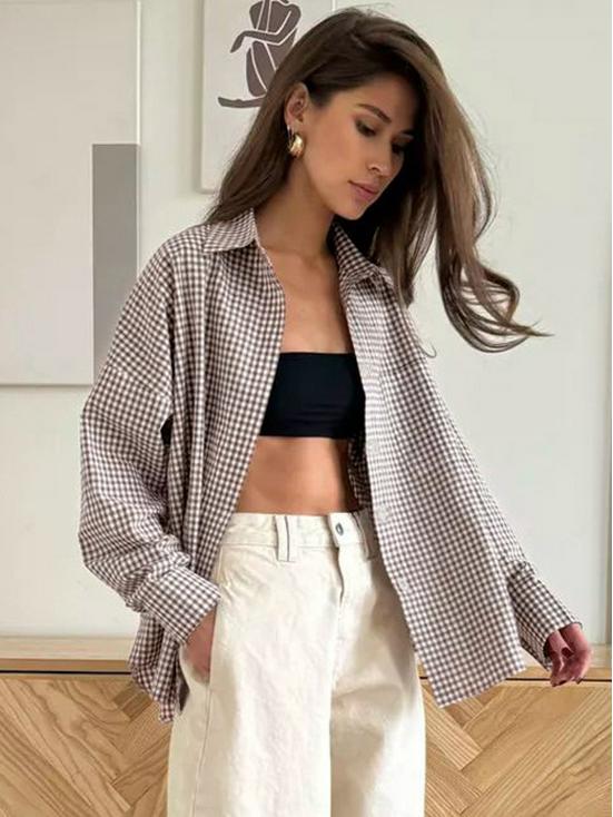 European American Plaid Cotton Women's Loose Fashion Shirt - Autumn/Winter 2024 Trend