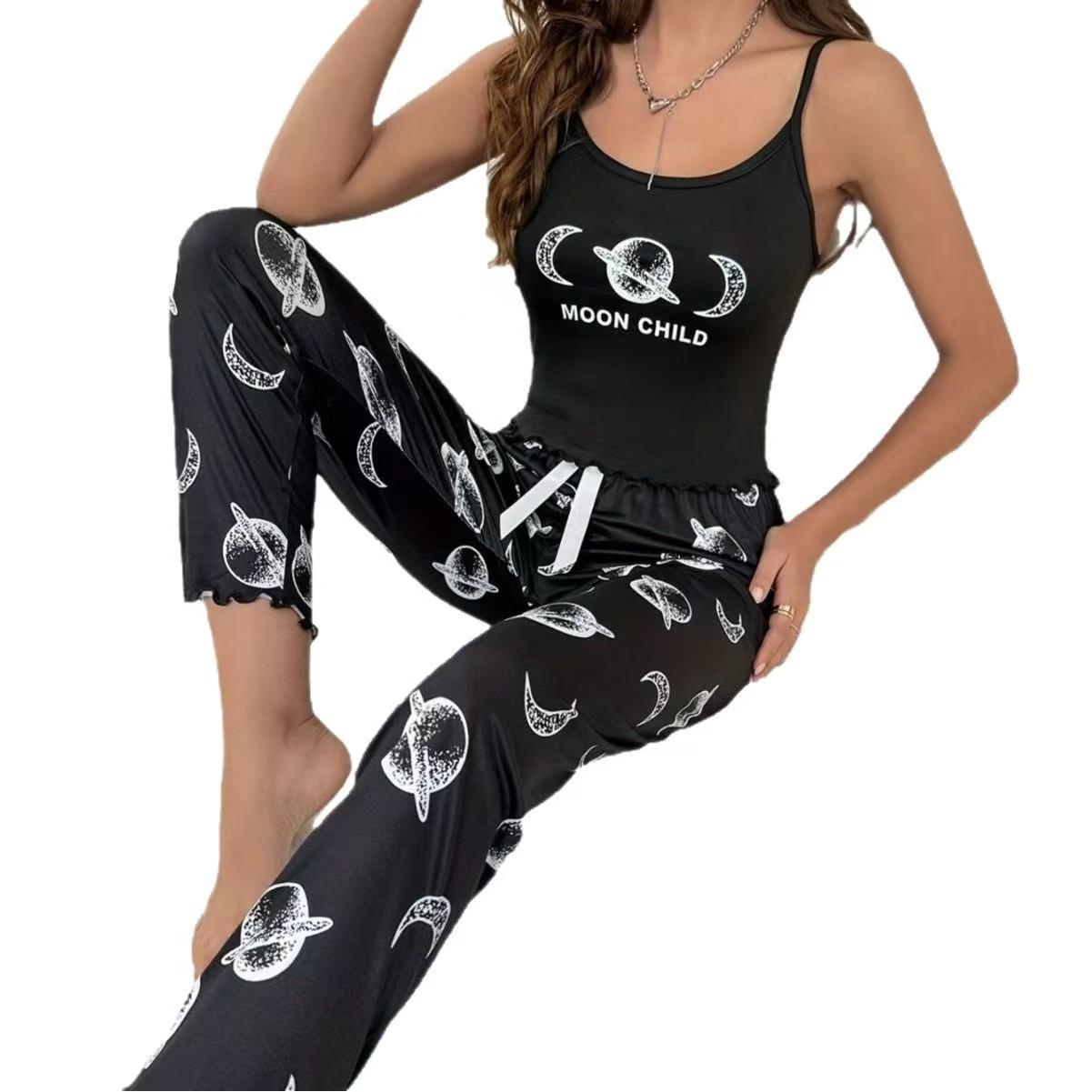 Black Strappy Ruffled Pajama Set: Stylish European & American Casual Wear for Women Medium чёрный