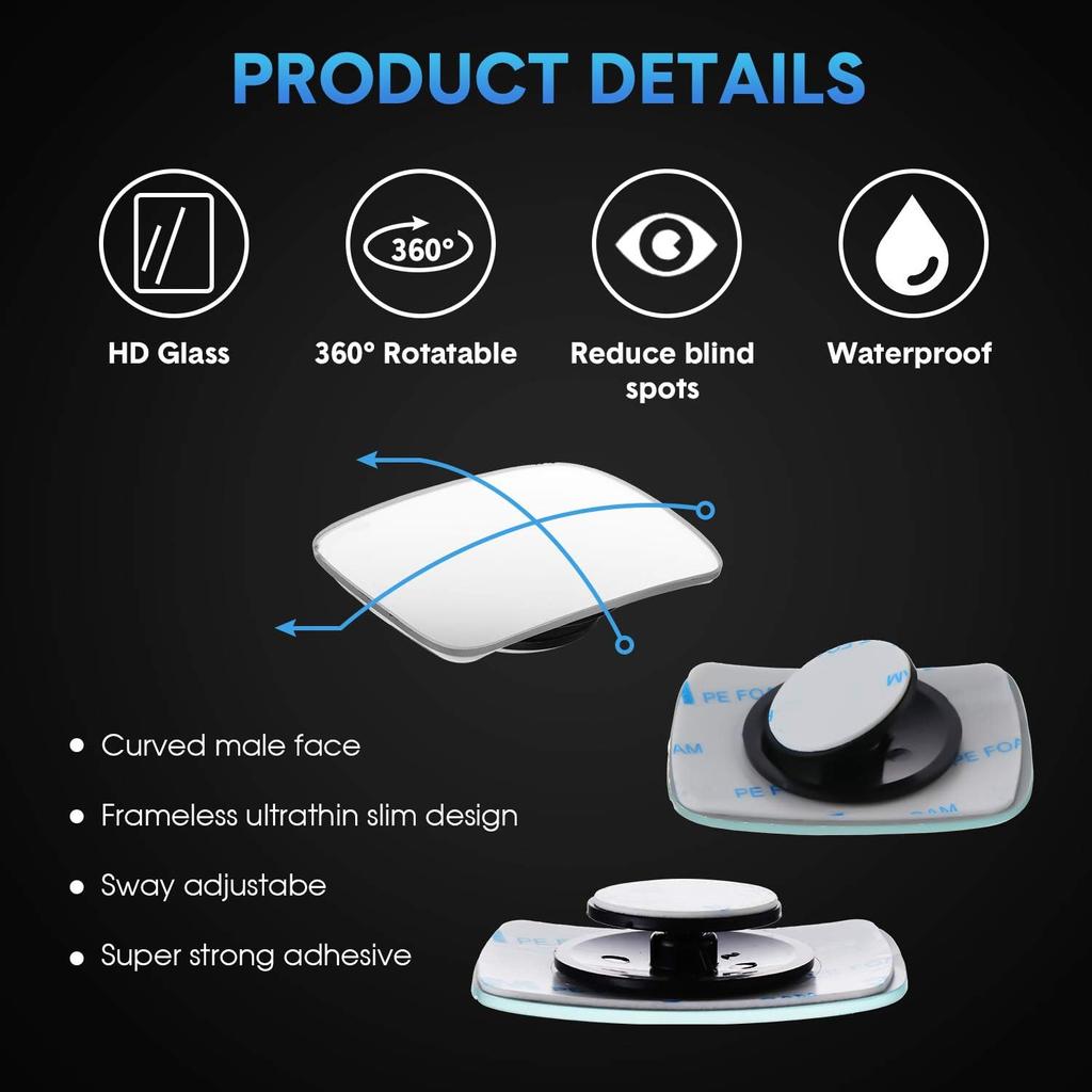 BBTO Blind Spot Car Mirror 4 Pack 360 Degree Glass Traffic Safety Rearview Mirror Rectangle Convex Spot Frameless Adjustable Self Adhesive Angle For