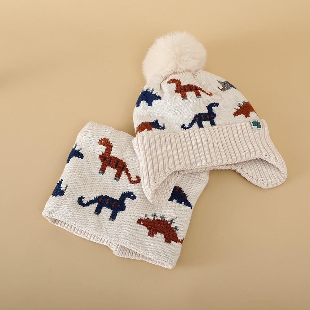 2Pcs Set Warm Baby Beanie Cap Cartoon Dinosaur Kids Ear Protection Hats Cute Scarf Set  Winter