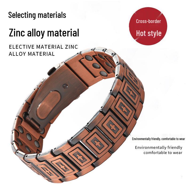 Cross Explosion: Ancient Red Copper Shield Magnet Bracelet with Wide Watch Strap Buckle for Men.