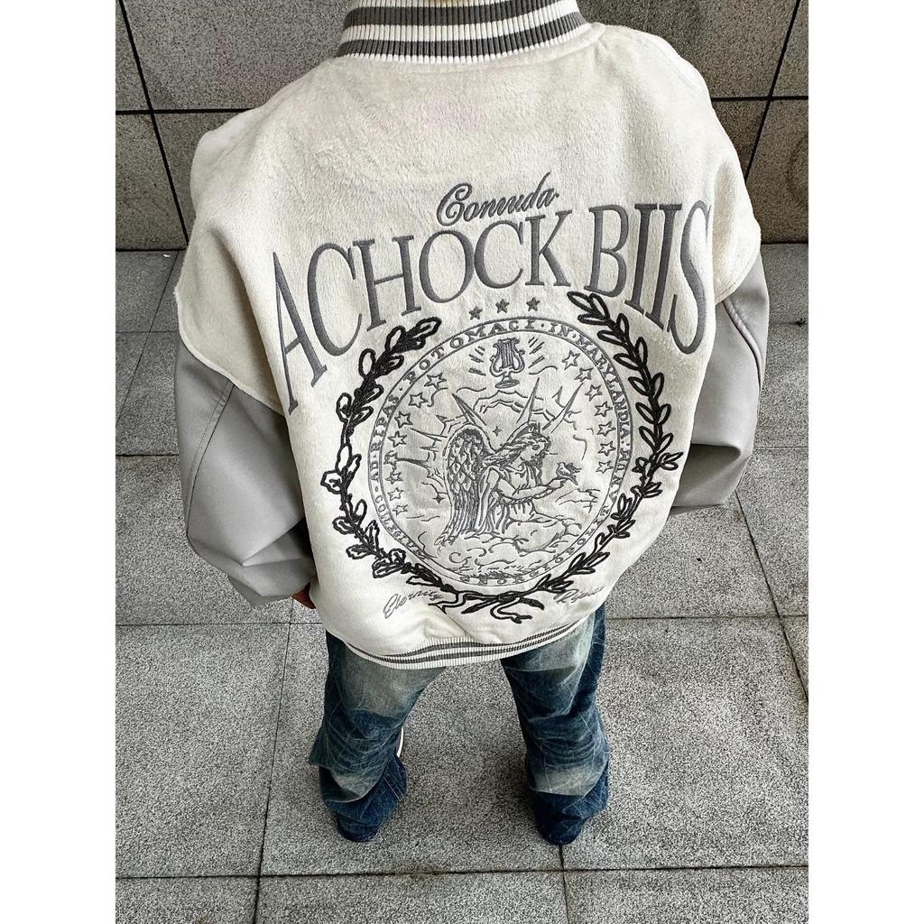 Unisex College Style Baseball Jacket with Embroidered Stand Collar - Trendy, Loose-Fit Outerwear for Autumn