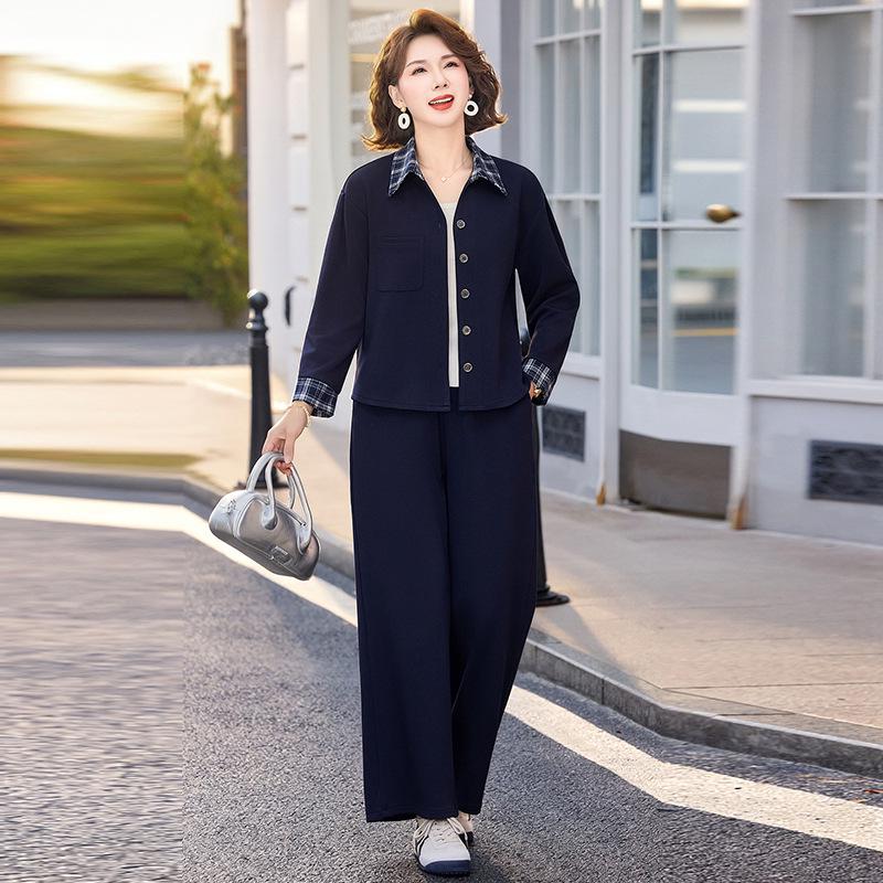 

Chic Mom Two-Piece Set: Patchwork Plaid Jacket & Wide-Leg Pants for Middle-Aged Women - Stylish Spring/Autumn Outfit. XXXL for 115-130 lbs темно-синього кольору