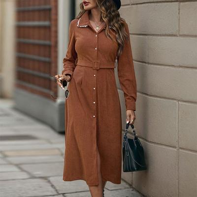 New Women's Clothing Skirt Autumn and Winter European and American Lapel Splicing Lace Long-sleeved Shirt Corduroy Dress