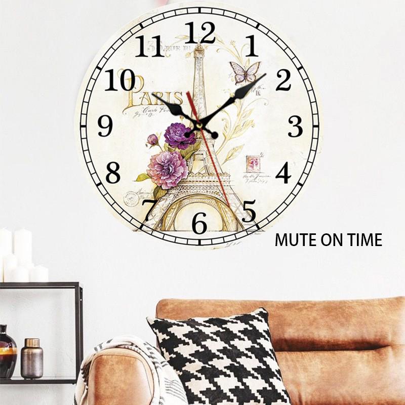 30CM Silent Wall Clock,Vintage Pattern Wooden Cardboard Wall Clock, European Retro Clock for Chic Home Office Cafe Decor