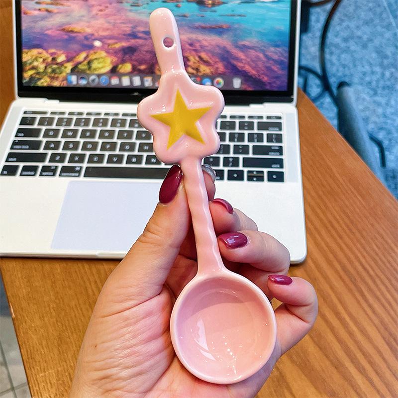 Ceramic spoon ins cute eating spoon porcelain spoon small spoon long handle spoon household and commercial stirring