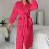 Womens Plush Long Robe With Heart Embroidery V-Neck Warm Fleece Bathrobe Winter Home Wear