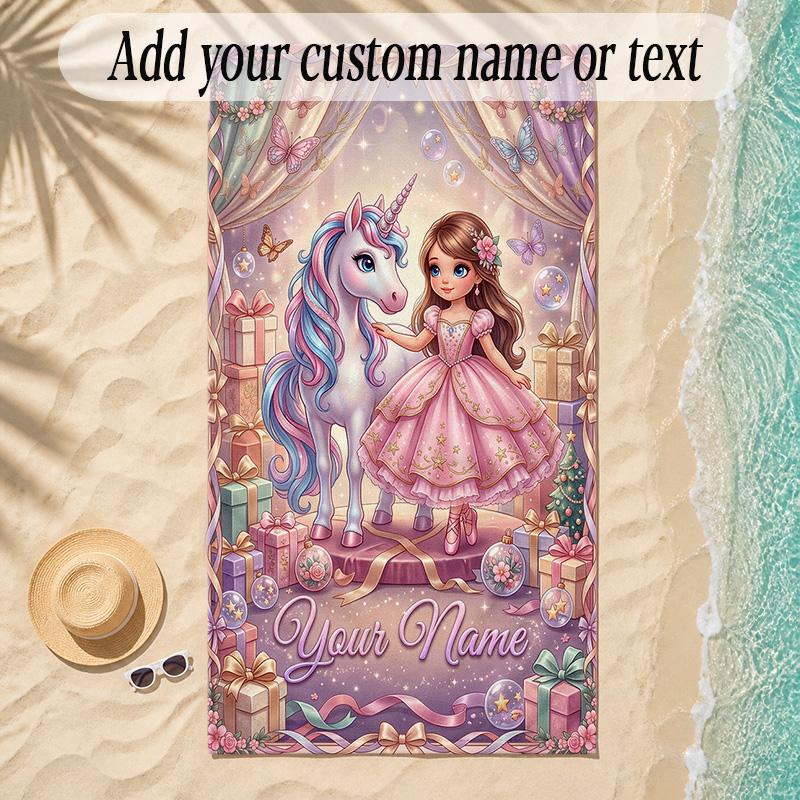 Unicorn Theme Soft Beach Towel Personalized Custom Name Text Towel Portable for Beach Pool Travel