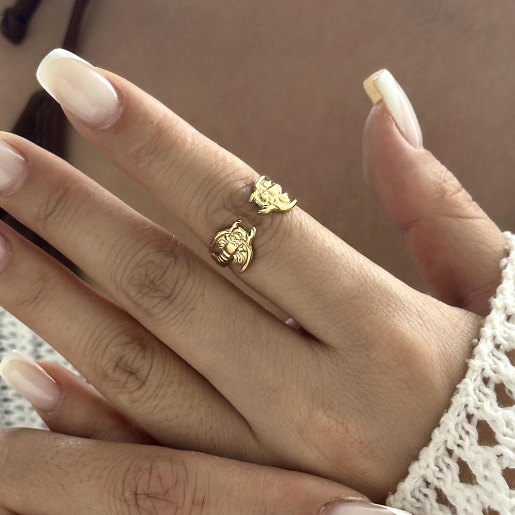 Stainless Steel Gold Color Starfish Shell Opening Rings For Women Men Vintage Geometric Metal Texture Finger Ring Party Jewelry