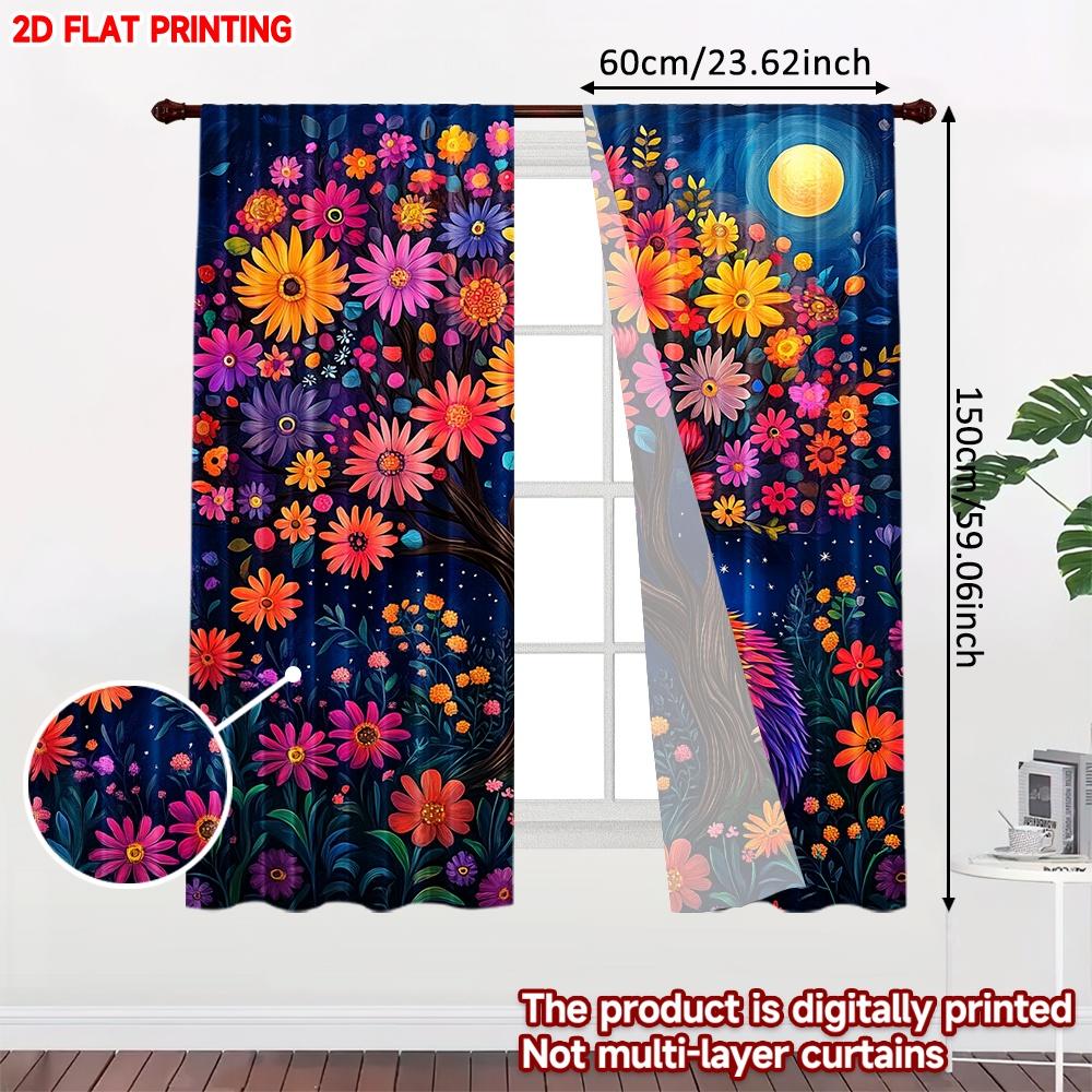 2D flat printing 2pcs Curtain Curtains Moonlit Hedgehog Beneath Flowers Digital Printed Polyester Drapes Festive Holiday Perfect