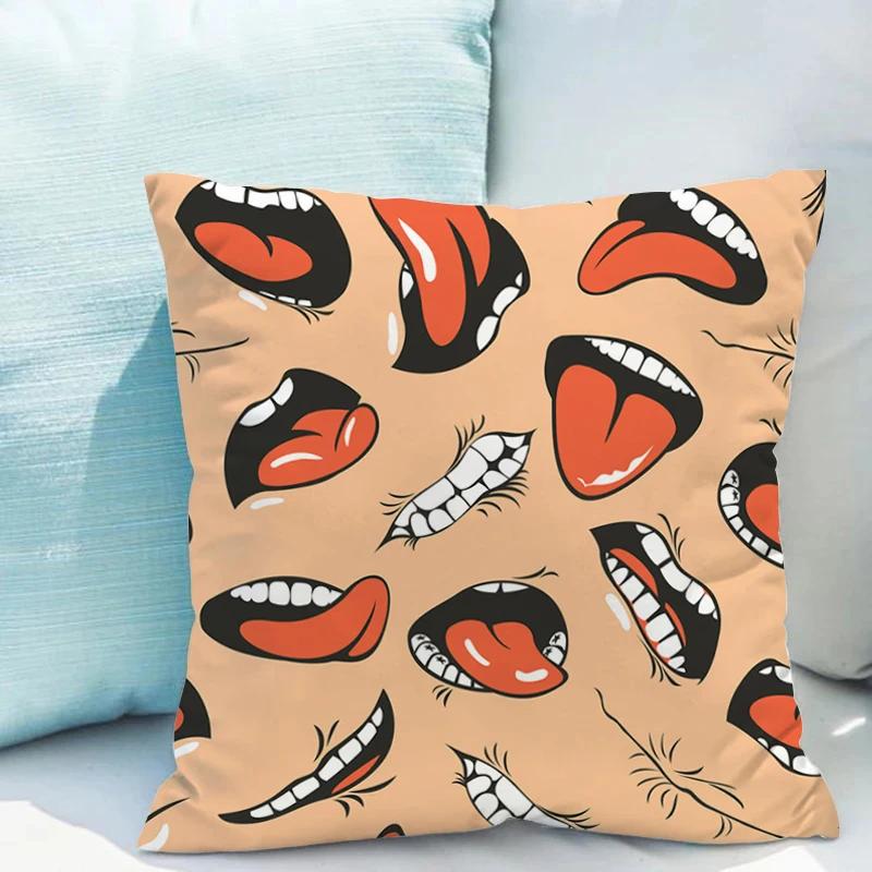 Cover Cushion Covers Sofa Mouth Illustration Double-sided Printing Decorative Pillows for Bed Bedroom Couch Short Plush Pillow