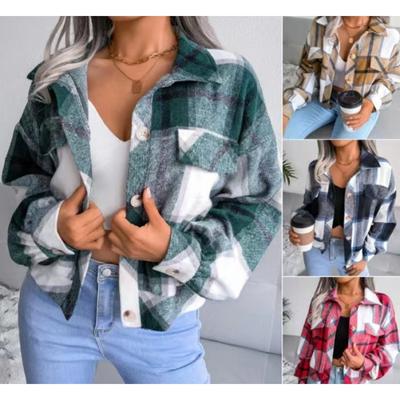 Women's Autumn and Winter Fashion Plaid Flannel Collar Short Jacket Jacket Lantern Long Sleeves