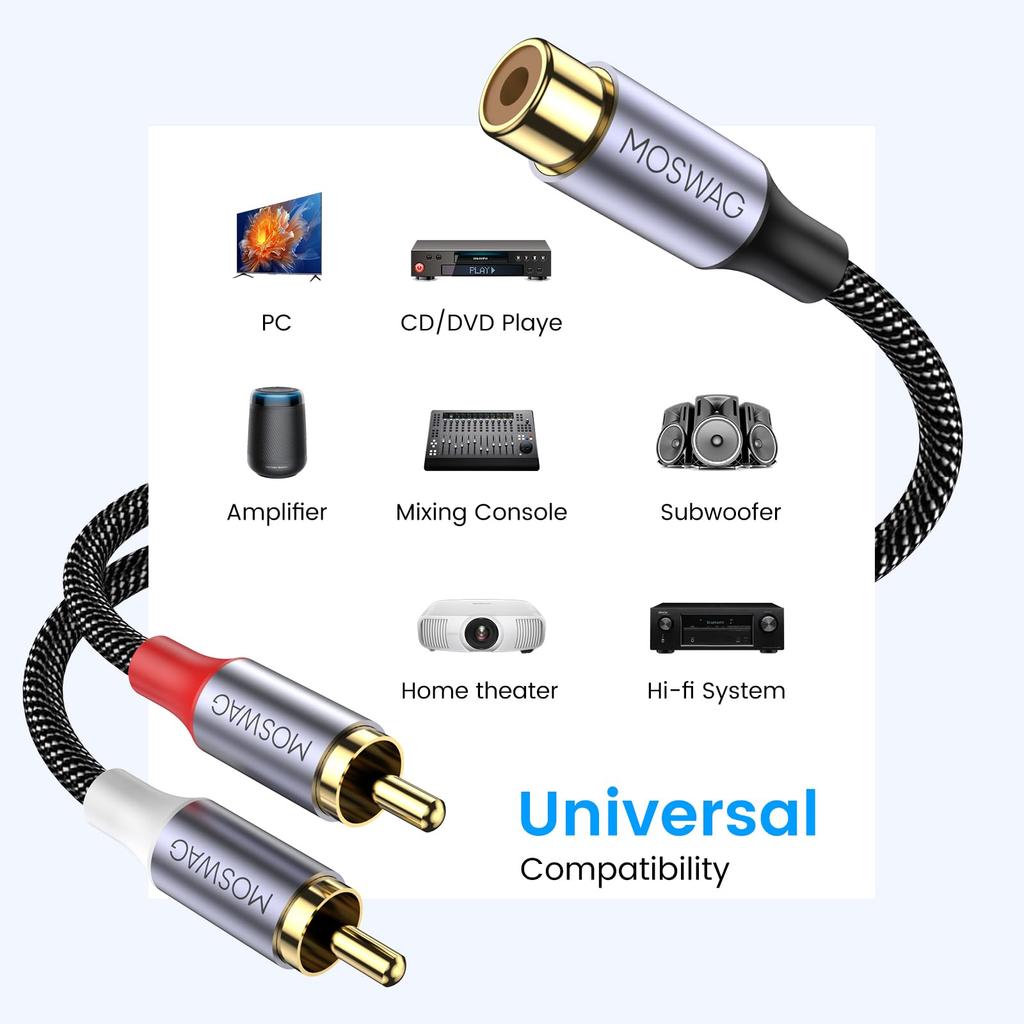 MOSWAG RCA RCA RCA Cable Branch 1 Female To 2 Y Cable RCA Audio Signal Distribution Compatible with Game CD Home HDTVs Cable, Splitter, Male, Female,