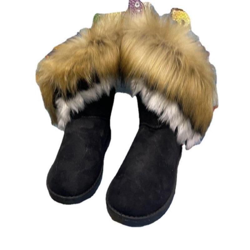 Foreign Trade Large Size Snow Boots Women's New Flat-bottomed Fluffy Warm Boots Imitation Fox Fur Snow Boots Wholesale