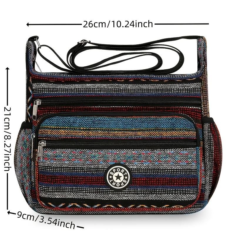Women's Stylish Black & White Striped Nylon Crossbody Bag - Spacious Multi-Zipper Design with Geometric Pattern, Adjustable Strap & Front Pocket