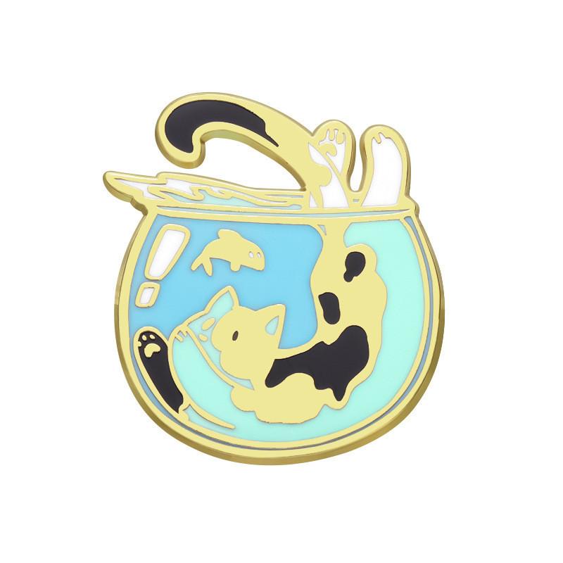 

Jumping Cat Playful Into Fish Tank Enamel Badge Cute Accessory For Attire Any
