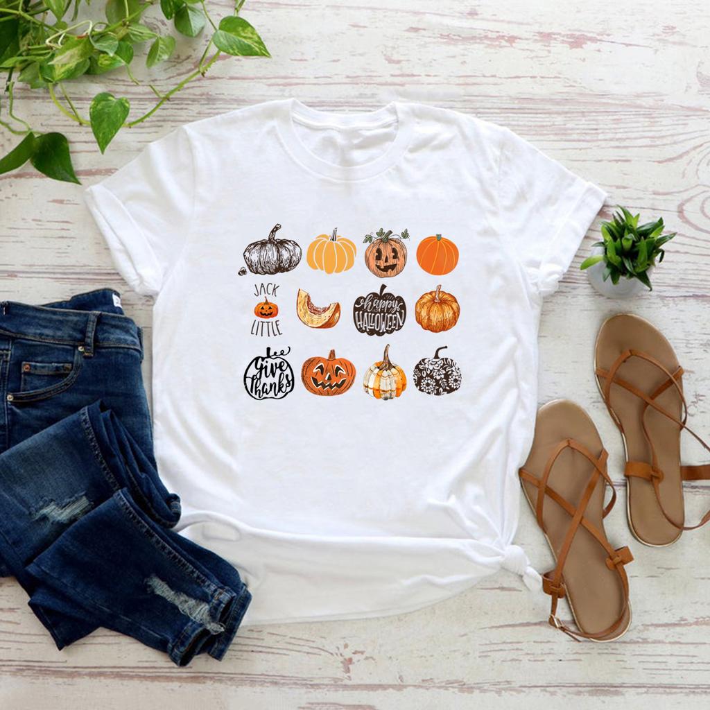 Fall Harvest Pumpkins Jack O Lantern Women TShirt Halloween Shirt Short Sleeve Graphic T Shirts Cute Halloween Pumpkin Tshirt