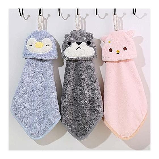 Dekori Hand Towels with Loop, Cute Animal Character Design, Coral Fleece, Absorbent & Quick-Drying, for Kids (Boys & Girls), Soft & Fluffy, Set of 5