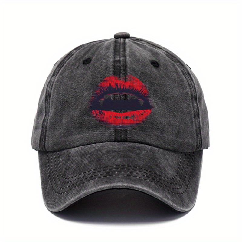 Vampire Fangs Lips Print Baseball Cap Distressed Washed Cotton Adjustable Snapback Hat Unisex Casual Outdoor Casual Headwear