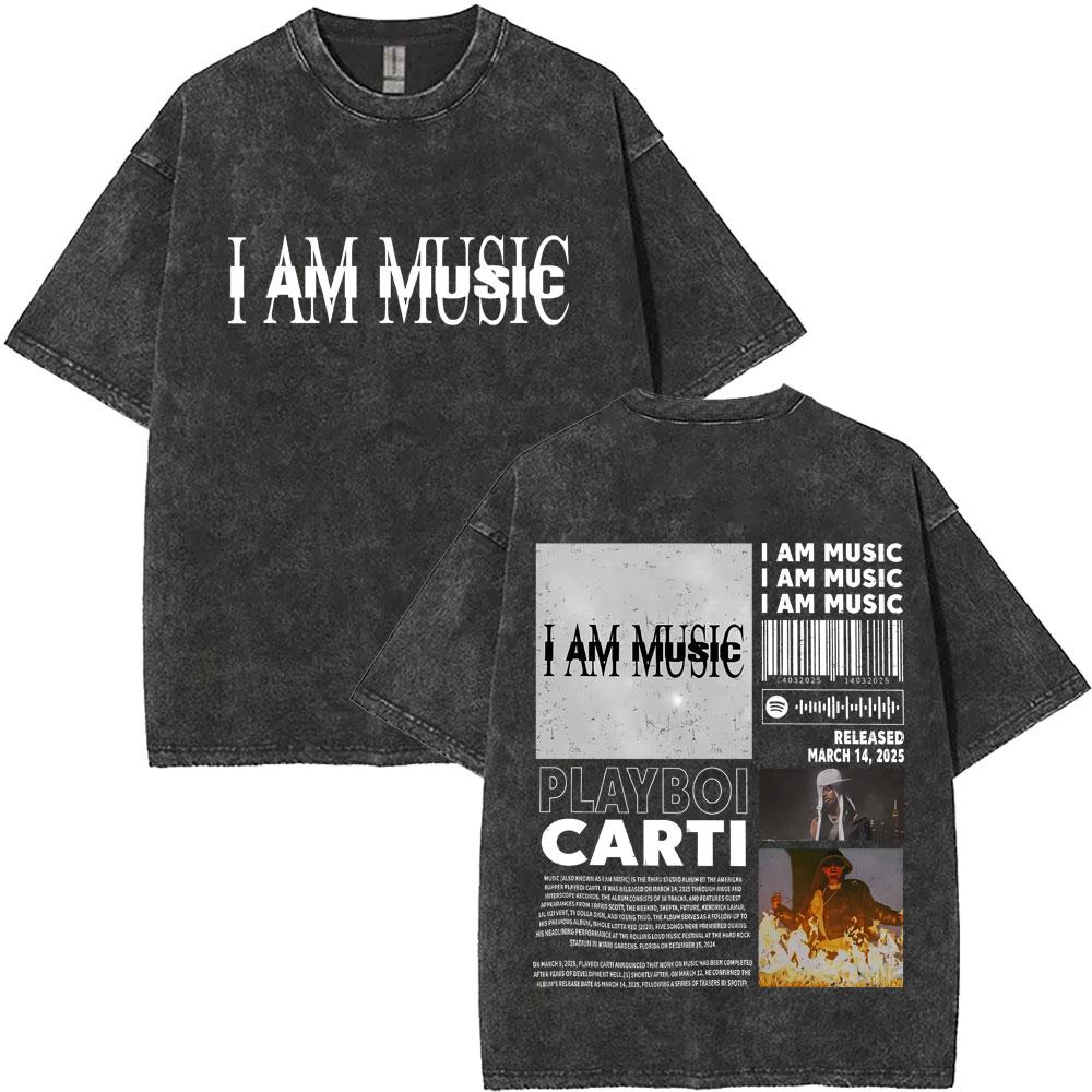 Retro Washed Playboi Carti I AM MUSIC Logo T Shirt Opium Ken Carson Narcissist Rap Tshirts Men Hip Hop Vintage Oversized Tshirt