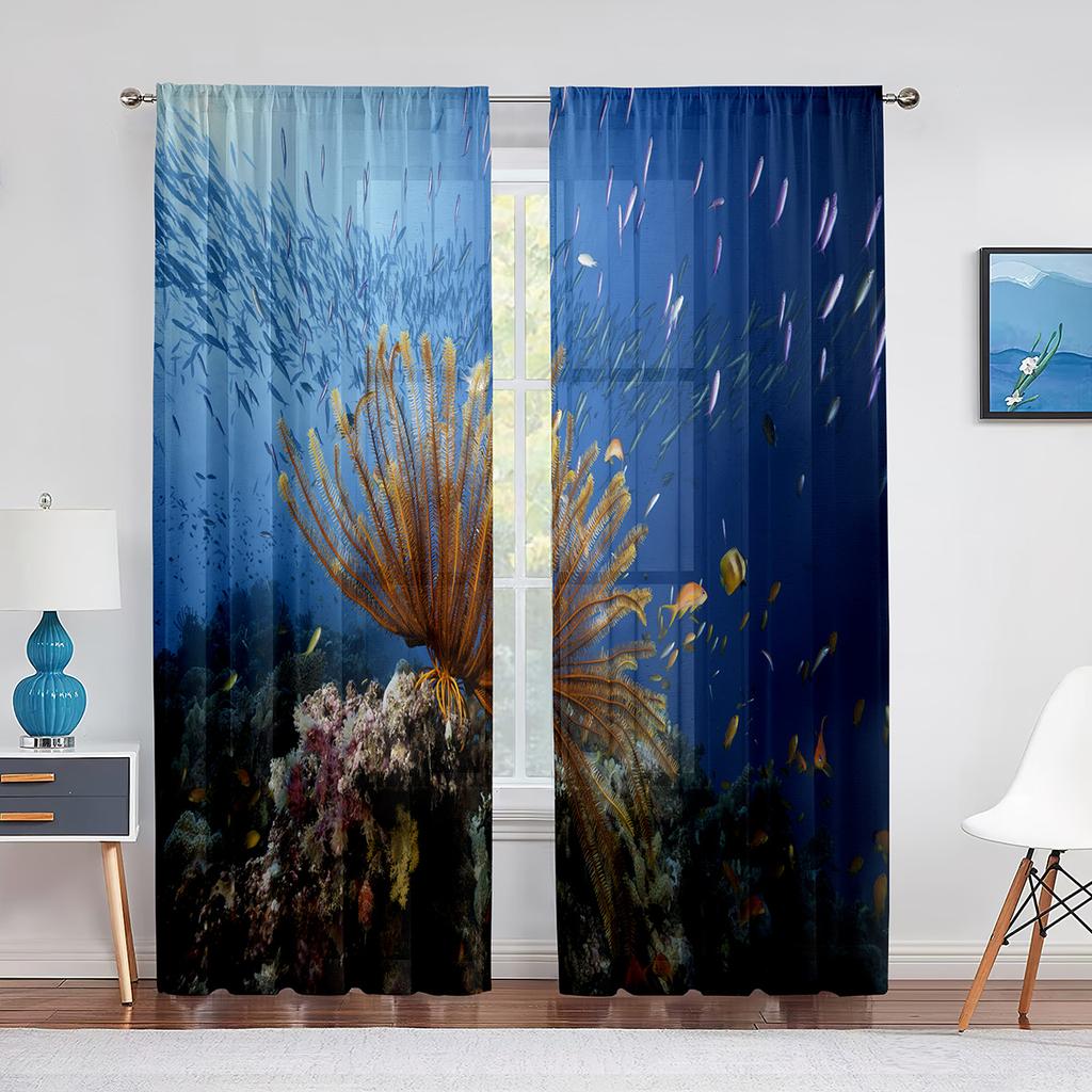 Underwater World Sheer Curtains Coral Fish Ocean Theme Marine Life Tulle Voile Curtains for Living Room Bedroom Kitchen Decor
