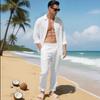 Mens Linen Two Piece Set Long Sleeve Button Down Shirt with Collar and Pocket Relaxed Fit Drawstring Waist Pants Beach Outfit