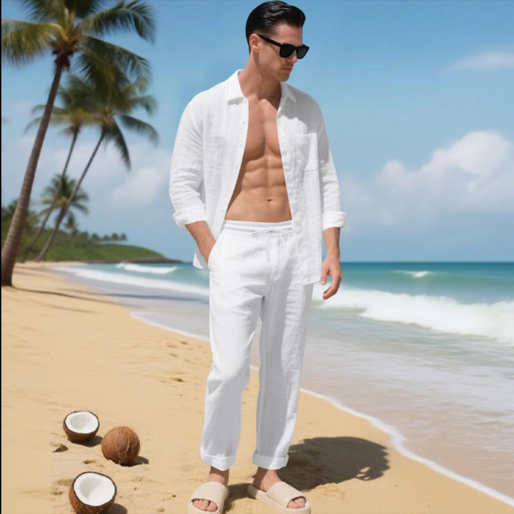 Mens Linen Two Piece Set Long Sleeve Button Down Shirt with Collar and Pocket Relaxed Fit Drawstring Waist Pants Beach Outfit