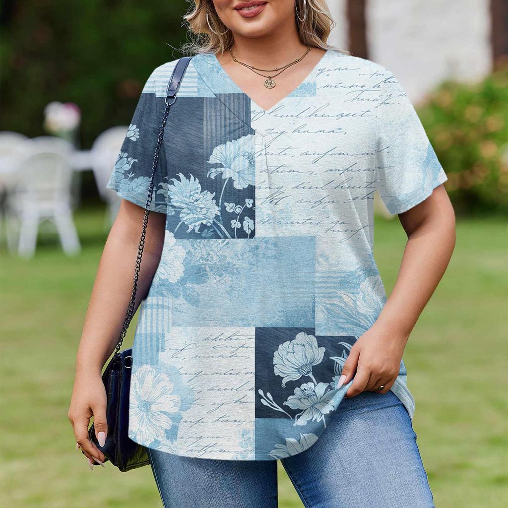 Women's Plus Size Fashionable Casual Loose-Fit Short Sleeve Elegant V Neck Blouse For Work