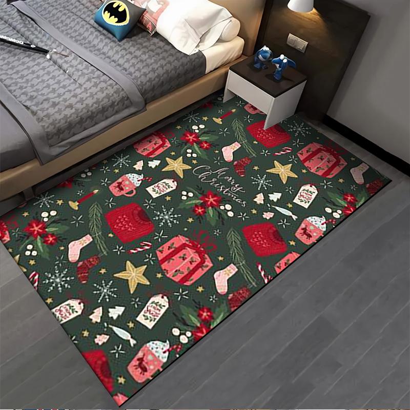 Christmas-Themed Carpet with Gifts, Stars, and Festive Green Design Suitable for Use As an Anti-slip for Living Room Bedroom Sofas