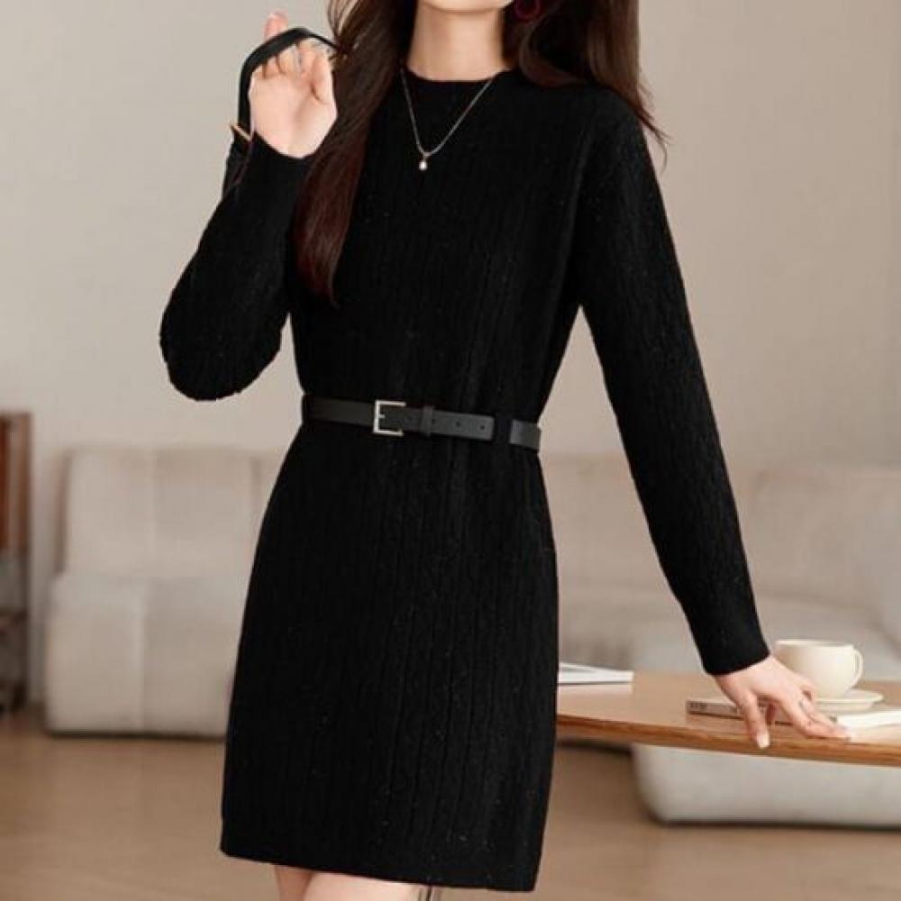 Navava Women Knit Dress With Belt Round Neck Long Sleeve No952