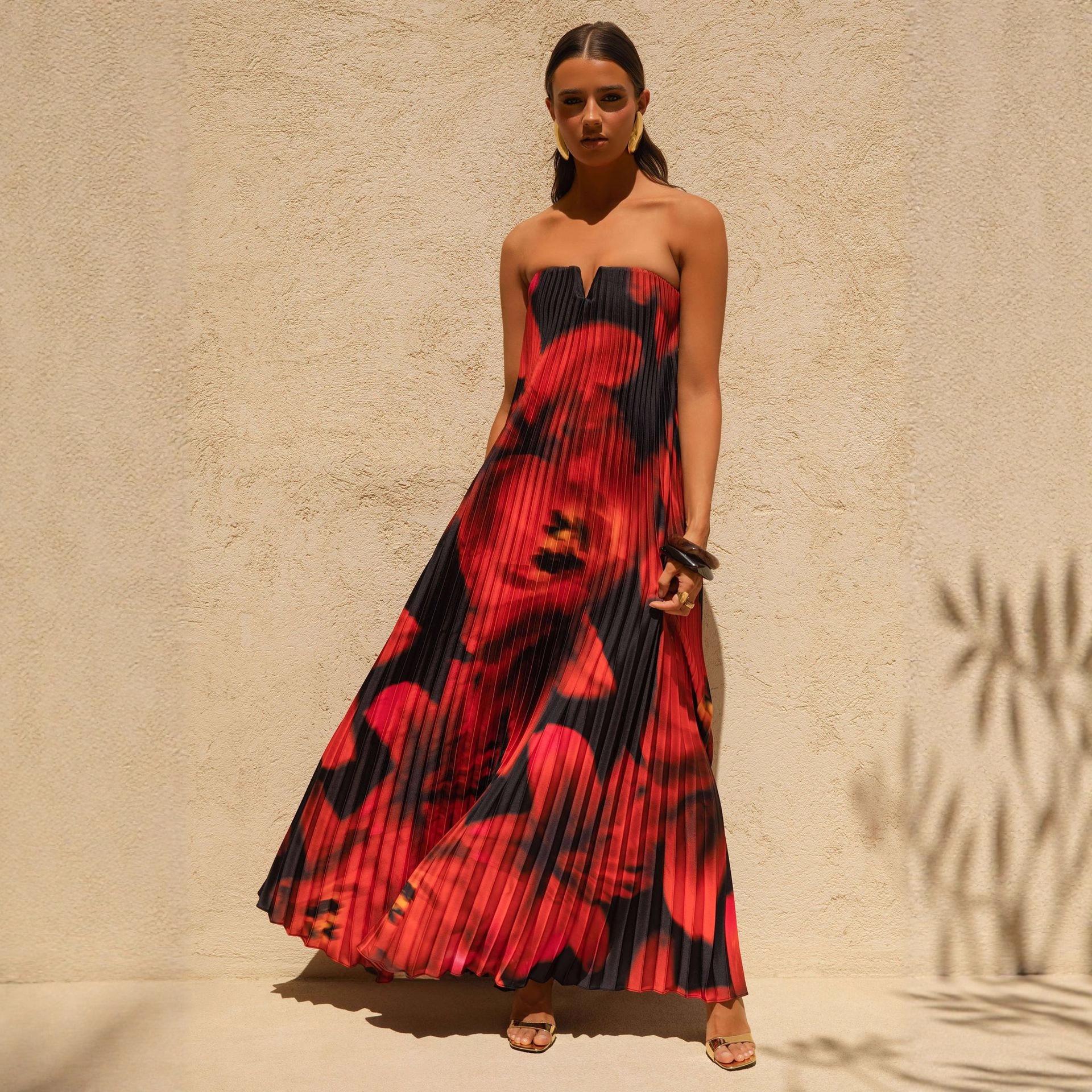2026 Strapless Pleated Long Dress - Women s European & American Style Small
