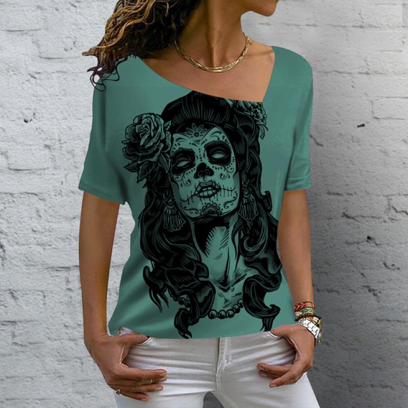 Women's T Shirt Vintage Skull 3D Printed V-neck Blouses Casual Short Sleeve Pullover Tops Summer Oversized Harajuku Clothes Tees