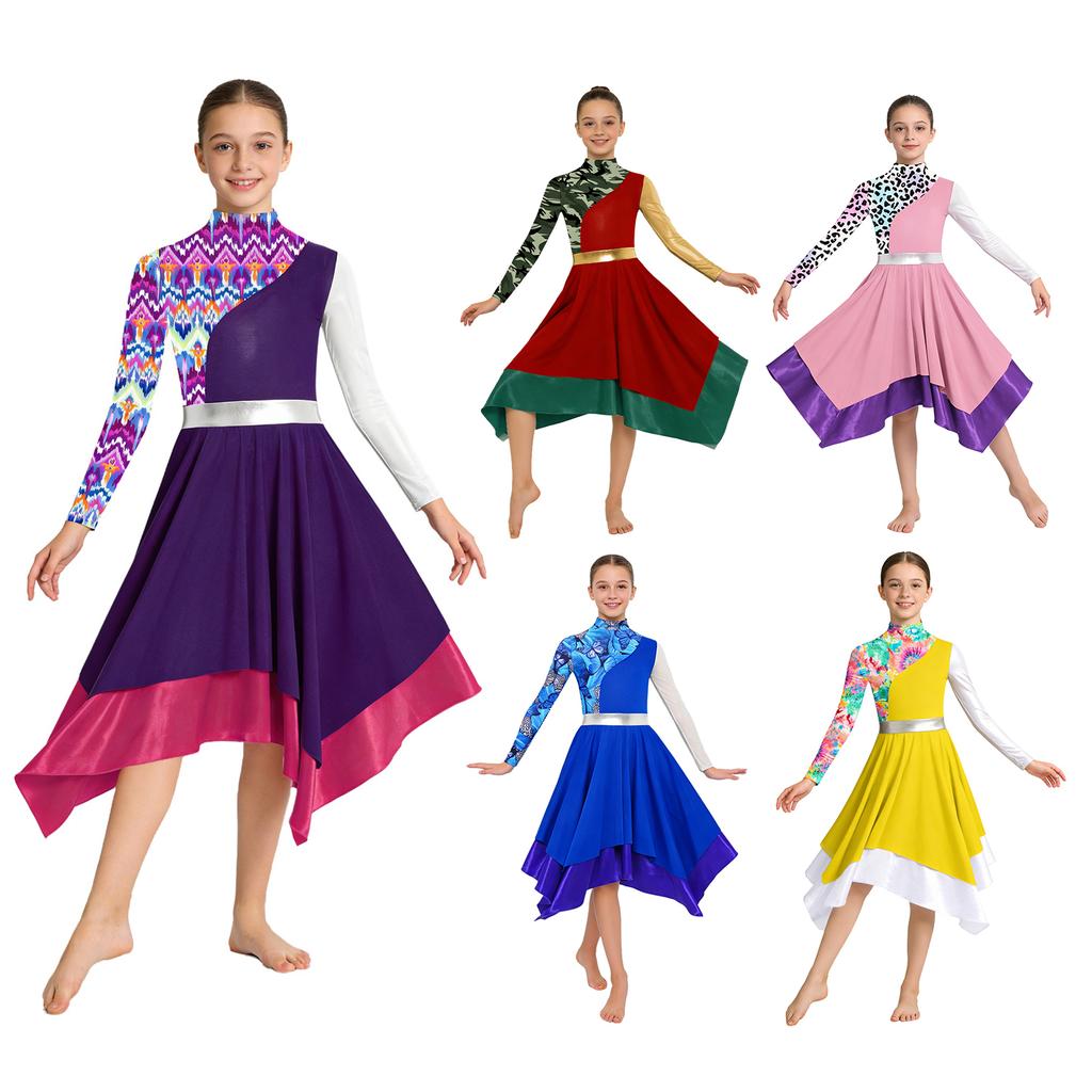 Girls Liturgical Dance Costume Mock Neck Long Sleeve Invisible Back Zipper Metallic Patchwork Color Block Stylish Print Irregular Hem Dress for Church