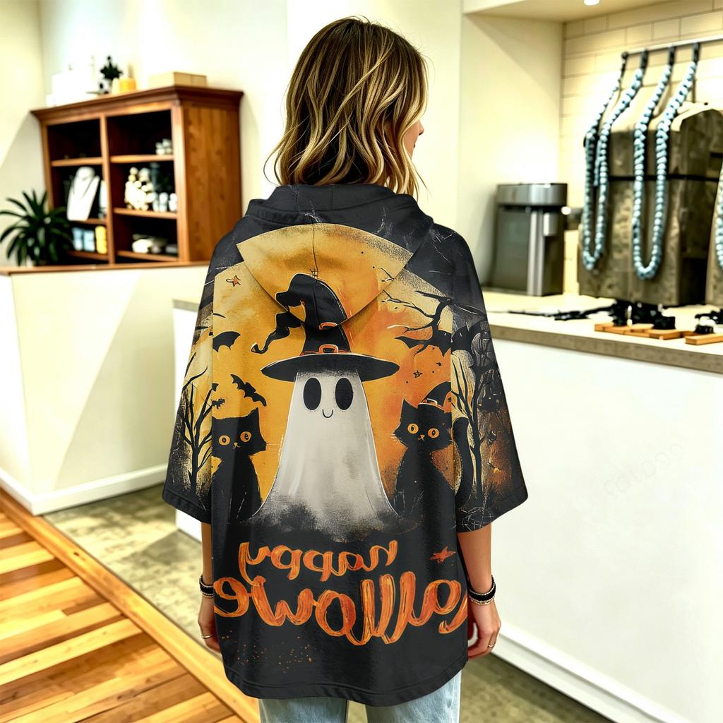 Women's Fashion 3/4 Sleeve Halloween Print Hoodie Pullover Top