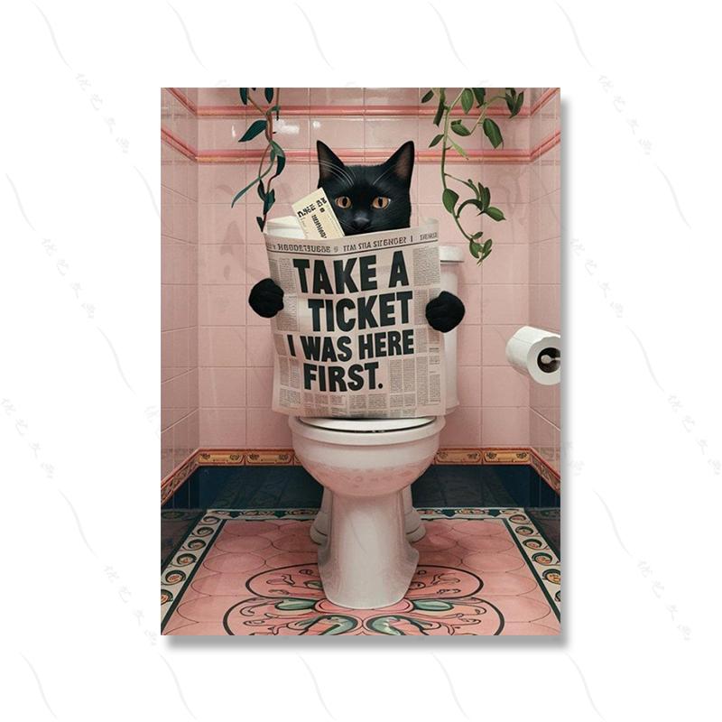 Funny Pink Bathroom Wall Decor Pooping Cat Print Toilet Wall Art Funny Cat Poster Bathroom Home Decoration Canvas Painting