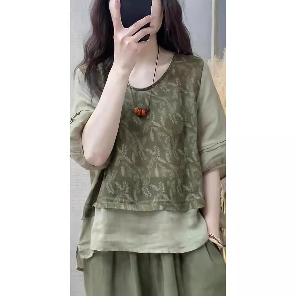 Women's Summer Sring Plus Size Breathable Lightweight Print Patchwork Fake Top + Harlan Pants Slimming Two Piece Set