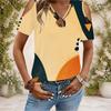 Women Plus Size Keyhole Ring Neck Cold Shoulder Short Sleeve Abstract Printed Top